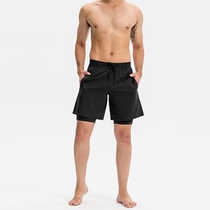 Pantalones Cortos Deportivos para Hombre, Color Negro Sólido, de Secado Rápido, con Cordón en la Cintura, Casuales, Tipo Bermuda, con Bolsillos, de Poliéster Tejido - Product Image 1