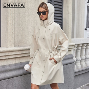 Manteau long en polyester respirant pour femme ENVAFA, couleur unie, imperméable, coupe-vent, décontracté, manches longues, fermeture éclair à capuche - Product Image 5