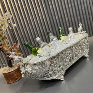 Antique Silver Carved Peacock Beverage Tub Embossed Floral Oval Tub With Ornate Feet Elegant <b>Champagne</b> Wine Cooler For Drinks - Product Image 6
