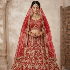 Qunoot Salwar Kameez Nupcial Tradicional Rojo Intenso con Bordado a Mano de Oro Pesado, Patrón de Medallón, Trabajo de Espejo y Tela de Red Arrugada - Product Image 1