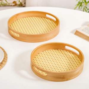 <b>Round</b> Wooden Bamboo Tray with Rattan Design Serving Tray for Hotel Restaurant Use - Product Image 3
