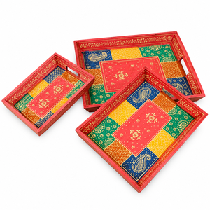 Juego de Bandejas de Madera Pintadas a Mano, 3 Piezas, Diseño Floral Indio Tradicional, Bandejas Multifuncionales para Servir, Color Rosa Amboz, para Bodas y Diwali - Product Image 2