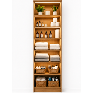 Étagère de rangement moderne en teck pour salle de bain avec éclairage LED et design d'armoire ouverte pour spa - Product Image 1