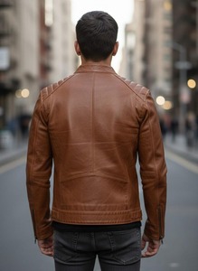 <b>Mens</b> Tan <b>Brown</b> Genuine <b>Leather</b> Cafe Racer <b>Jacket</b> Distressed Vintage Biker Coat - Product Image 2