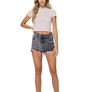 Shorts de mezclilla lavada para mujer, de cintura alta, ajustados, sexys, con bolsillos rasgados, agujeros, transpirables, básicos informales. - Product Image 1