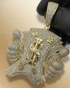 Colgante de plata 925 chapado en oro con moissanita de corte redondo, diseño de signo de dólar y manos con billetes, estilo Iced Out, bicolor, joyería Hip Hop - Product Image 5