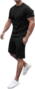 Men's Solid Black Cotton Crew Neck T-Shirt and Shorts <b>Set</b> Casual Breathable Summer Wear <b>Knitted</b> Fabric - Product Image 1