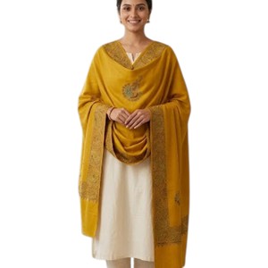 Women's Long Cashmere Shawl Mustard Yellow Embroidered Winter <b>Wrap</b> <b>Scarf</b> for Bridal Wedding Party Occasions - Product Image 1