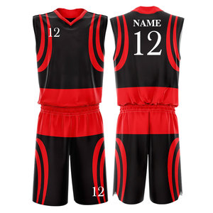 Tenues de basket-ball personnalisées sublimées, noir et rouge, col en V, sans manches, anti-transpiration, ensemble de maillots d'équipe unisexe pour adultes - Product Image 1