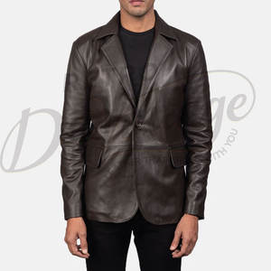 Blazer homme en cuir véritable marron foncé, coupe slim, deux boutons, veste de costume décontractée avec poche plaquée - Product Image 6