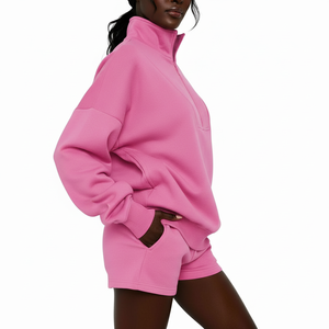 Women Casual Sweat Suit Set Half <b>Zip</b> Pullover Shorts Set Custom Logo Tracksuit - Product Image 3