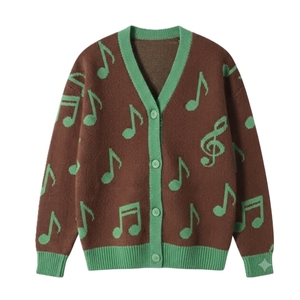 Cardigan tricoté à motif de notes de musique pour femme, col en V, manches longues, haut décontracté, épaisseur standard, manches complètes, longueur normale - Product Image 3