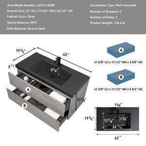 Mobile bagno moderno da 42 pollici a parete con lavabo in quarzo nero e mobiletto contenitore - Product Image 2