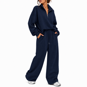 Survêtement d'hiver décontracté pour femme avec logo personnalisé, grandes tailles, fermeture à cordon, 100 % coton respirant, sweat-shirt et pantalon de survêtement - Product Image 3