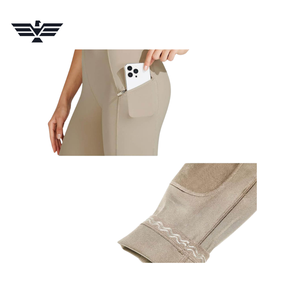 Women High Waist Beige Riding Pants Spandex Nylon Four-Way Stretch Elastic Waist Pockets Ankle-Length Knitted Solid - Product Image 6