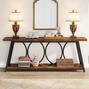 Table console à 2 niveaux en bois d'acacia massif naturel avec cadre circulaire en métal noir pour le salon, l'entrée, les meubles - Product Image 3