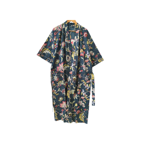 Robe Kimono en Coton en Gros, Col en V, Manches Longues, Imprimé Floral Bleu, Vêtement de Nuit et de Détente pour Femme, Robe Longue à Cordon, Fournisseur d'Usine - Product Image 1