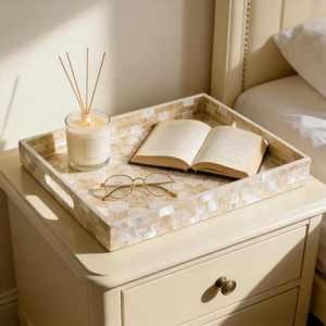 blossom craft india <b>Square</b> Mother-of-Pearl Inlay Tray Natural Shell Tray with Handle - Product Image 3