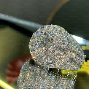 Round Cut Moissanite Diamond Halo <b>Ring</b> Baguette Cluster <b>925</b> <b>Silver</b> Luxury Statement <b>Ring</b> - Product Image 1