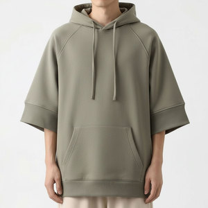 Custom Oversized Short Sleeve Hoodie <b>Men</b> Streetwear Drop Shoulder Kangaroo Pocket Blank Hoodie Manufacturer - Product Image 1