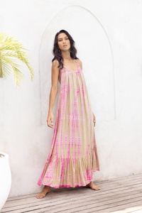 Maxi Dress Beach <b>Kaftan</b> Tye-Die Brown Soft Cotton A-Line Silk Lining Goddess Summer Resort Wear Gift Her Loose Fit <b>Plus</b> <b>Size</b> - Product Image 2