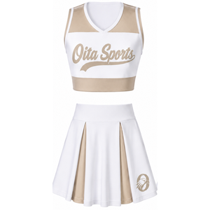 Ensemble d'uniforme de cheerleading sublimé blanc beige sans manches, haut court et jupe pour équipe sportive, tenue de performance et d'entraînement personnalisée - Product Image 1