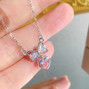 สร้อยคอรูปหัวใจสำหรับผู้หญิง ทำจากสแตนเลส 304 ชุบ K สีขาว ความหนา 0.03µm ประดับด้วยเพทายบนสายเคเบิล - Product Image 1