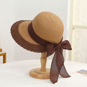 Sombrero de sol de paja con lazo y ala ancha, portátil, para actividades al aire libre, playa, pescador, viajes y uso casual - Product Image 1