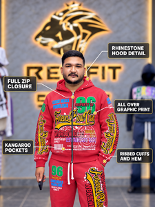 Sudadera con capucha y cremallera personalizada de estilo urbano hip hop con diseño de letras completas impresas digitalmente, unisex, roja, con cremallera. - Product Image 2