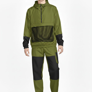 Survêtement à capuche pour homme, orange et noir, avec blocs de couleur, manches longues, respirant, coupe-vent sportif avec empiècements en mesh et poches latérales - Product Image 3