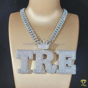 Luxury Moissanite Diamond " TRE " Letter Pendant Necklace Silver Hip Hop Jewelry For Men Women - Product Image 5