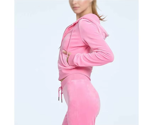 Autumn Unisex 2-Piece Velour Hooded Solid Tracksuit Set Heavyweight Breathable Windproof Pink Crop Top Jogging Pants <b>Leisurewear</b> - Product Image 3