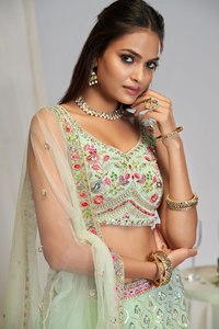 Light <b>Green</b> Embroidered Floor-Length Lehenga Choli with Dupatta Floral Border Thread Work Quick Dry Wedding Outfit for Women - Product Image 2