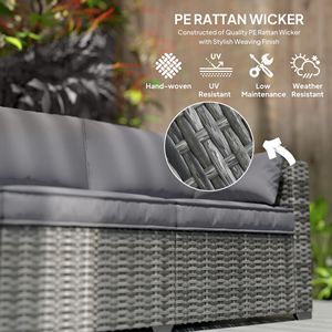 Divano a 3 Posti in Vimini Grigio Misto con Cuscini Posteriori Spessi 15 cm e Vassoi Laterali per Patio Esterno e Luoghi Sportivi - Divano con Seduta Profonda - Product Image 5