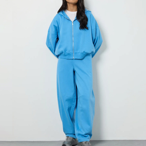 Bulk Women Slim Fit Streetwear Solid Tracksuit Set 100% Cotton Fitness Custom Logo OEM Production - Product Image 2