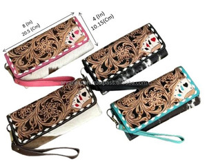Nouveau portefeuille artisanal en cuir véritable de vachette, motif floral et cartes à jouer, fait main, style western, avec dragonne pour femme - Product Image 2
