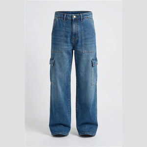 Jean cargo en denim taille haute pour homme, coupe ample, délavé, bleu uni, en coton mi-lourd, style automne - Product Image 4