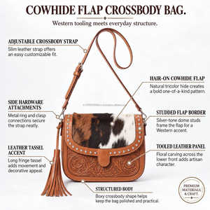 Cowgirl Brown Leather Crossbody Saddle <b>Bag</b> With Cowhide Flap Floral Tooling Silver Studs And Tassel Western Shoulder Purse Style - Product Image 3