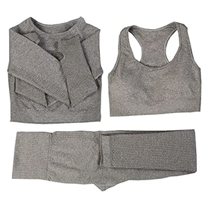 Ensemble de yoga 3 pièces pour femme : Soutien-gorge de sport dos nageur, Crop top et Legging long, Noir uni, Respirant, Sans couture, Tenue de sport - Product Image 5