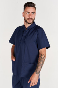 Veste en polaire à col mandarin bleu marine à manches courtes, poches plaquées, style minimaliste, respirante, couleur contrastée, tricotée en polyester - Product Image 3