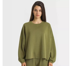 Women's Oversized Crew Neck Sweatshirt Lantern Sleeve Solid Color Knitted <b>100</b>% Cotton Breathable Autumn Wear - Product Image 1