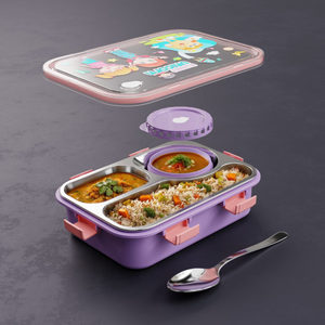 Boîte à lunch en acier inoxydable pour enfants, 3 compartiments, anti-fuite, boîte bento, conteneur de stockage alimentaire, boîte à lunch portable, boîte à lunch pour le bureau - Product Image 1