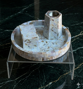 Sea Shall Tray <b>Eid</b> <b>Gift</b> Ramadan <b>Gift</b> Bone Inlay Tray Set With Box and Burner Incense Bakhoor Colour Bone Mubkhar Set - Product Image 1