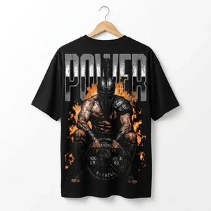 Camiseta Deportiva Personalizada Power Warrior para Hombre, Negra, Manga Corta, Cuello Redondo, Estampado Digital, Corte Holgado, Estilo Urbano, 100% Algodón - Product Image 1