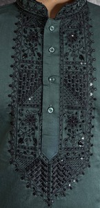 Kurta Tradicional para Hombre, Largo hasta la Rodilla, con Cuello Mandarín, para Bodas y Fiestas, Patrón Esmeralda Sombreado, Base de Satén Malai, Secado Rápido, Antiarrugas - Product Image 2