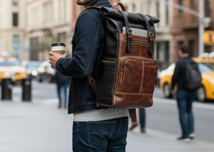 Luxury Black Genuine <b>Leather</b> Roll Top <b>Backpack</b> Professional Business Rucksack Waterproof Laptop Travel Bag LRTB-0125 - Product Image 2