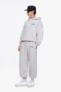 Survêtement unisexe gris en coton anti-plis léger, coupe ample longue, à capuche, couleur unie, tenue décontractée d'automne avec logo imprimé - Product Image 2