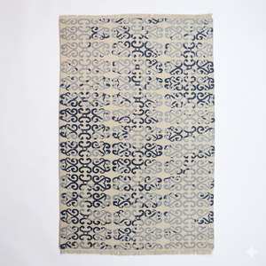 Tapis d'intérieur personnalisé en tissage plat bleu marine et ivoire avec franges pour hôtel, villa, salon - Product Image 1