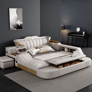 Роскошный набор для спальни King Queen King Size, каркас, мебель, Дизайнерская кожаная кровать с татами, современный дизайн - Product Image 2