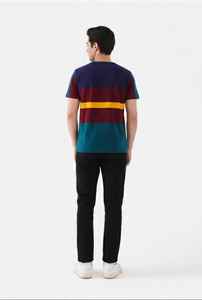 T-shirt Elite Horizon à rayures multiples – Coton épais de qualité supérieure, empiècements color-block audacieux en bordeaux, bleu marine et vert sarcelle - Product Image 1